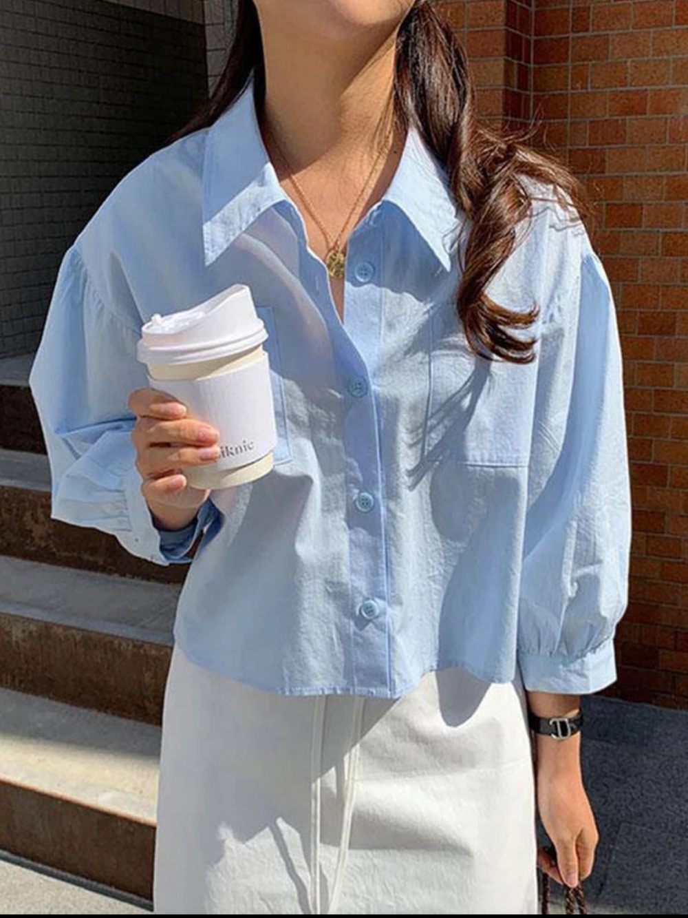 Relaxed Light Blue Button-Down Cotton Shirt - Women's Collared Top